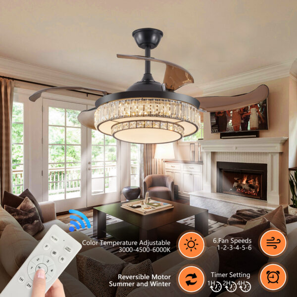 2bba0f23c7624357a489f2eac3819f59_d68899c0fc00e8b43e6129fd9b5b41de 48" Contemporary Crystal LED Retractable Ceiling Fan with Light and Remote Control, 6-Speed Quiet Reversible DC Motor,4 Blades Modern Ceiling Fans for Kitchen Bedroom Dining Room Patio