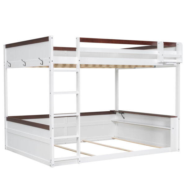 Queen Size Wooden Bunk Bed with Built-in Shelves,Storage Box,LED Light and USB Charging Station,White(ETA:6/30)