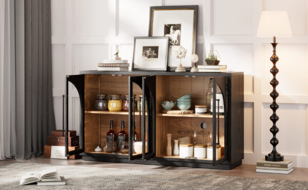 TREXM 4-Door Large Storage Sideboard Buffet Cabinet with Glass Doors, Arched Cabinet with Adjustable Shelves for Kitchen, Dining Room and Living Room (Black)
