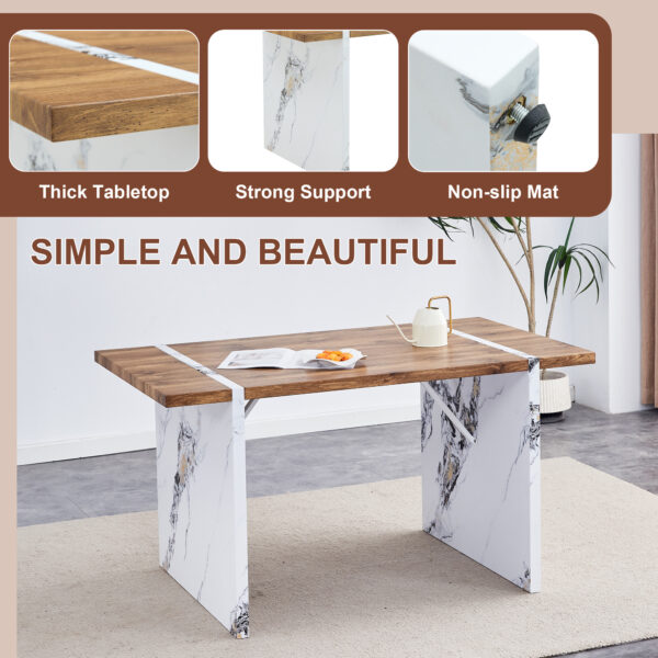2c2ba71e000d4be9b4bb223831c50be7_34fa2f537451a7c98323e4dd4897ad89 Natural Wood Grain MDF Dining Table - 55"x31.5" Stable Design.Suitable For Various Modern Home Decor Styles.Splicing structure design,Wood Textured Desktop,White Marble Patterned Table Legs.
