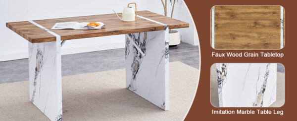 2c41f0cdc2824173b105b86f8010aba1_aa717b11d36dbf8e581f868d55db9e1f Natural Wood Grain MDF Dining Table - 55"x31.5" Stable Design.Suitable For Various Modern Home Decor Styles.Splicing structure design,Wood Textured Desktop,White Marble Patterned Table Legs.