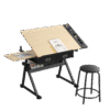 adjustable drawing drafting table desk with 2 drawers for home office and school with stool(wood)