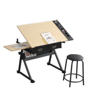 adjustable drawing drafting table desk with 2 drawers for home office and school with stool(wood)