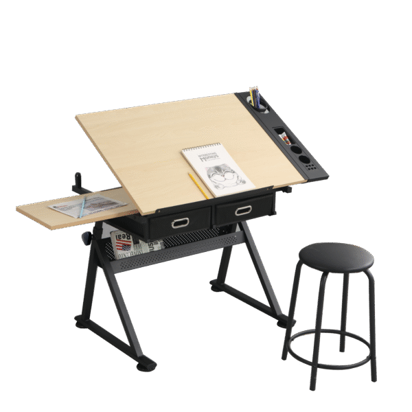 adjustable drawing drafting table desk with 2 drawers for home office and school with stool(wood)