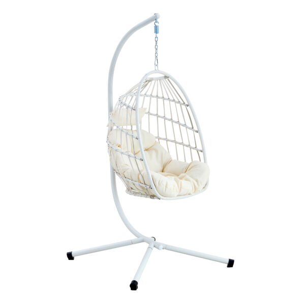 Heavy-Duty Iron Hanging Chair with Wicker Weave – Single Person Swing for Indoor/Outdoor (White)