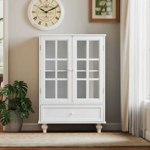 2eec1434a0fd40dcb8b70daef72161eb_0082ced297511ddfe236031aa9e5bf91 Minimalist White Buffet Cabinet with Double Glass Doors and Drawer, Modern Wooden Storage Sideboard Cupboard for Living room, Dining Room Hallway Entryway
