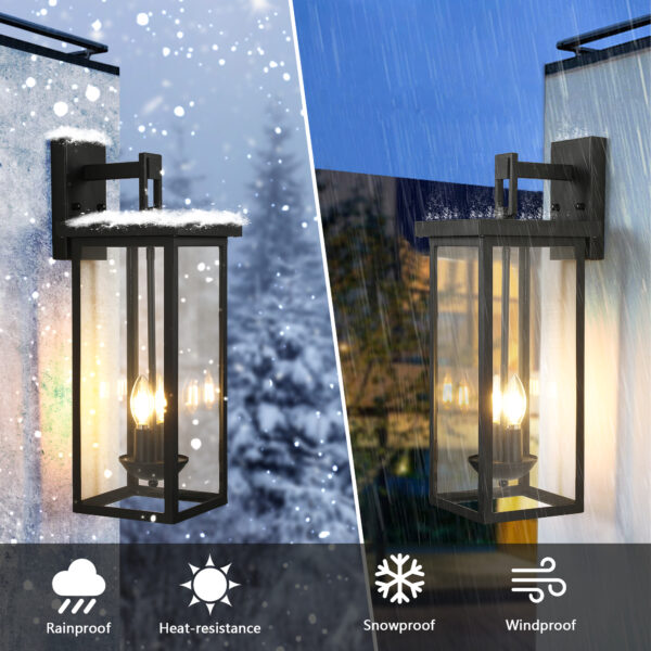 1-Pack 22.0" Outdoor Wall Lantern with Dusk to Dawn Sensor, Matte Black Finish, Clear Glass Panels, Weatherproof Exterior Light for Porch, Patio, Garage, 2-Light Design (Bulb Not Included)