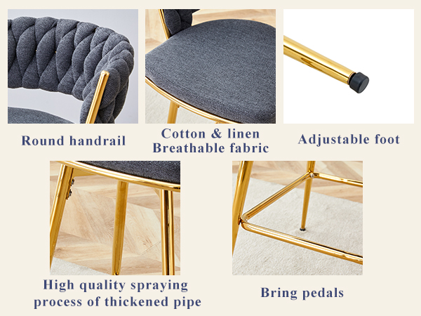 Two-piece rotating swivel chair, Dark gray cotton and linen soft seat, golden metal legs, rust-proof and wear-resistant, suitable for restaurant/bar high tables, lightweight single unit