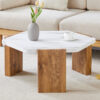 31-inch white marble-textured pentagonal coffee table - wooden triangular base, with a load-bearing capacity of 250 pounds, sturdy and durable, suitable for use in living rooms, cafes,.W1151138529