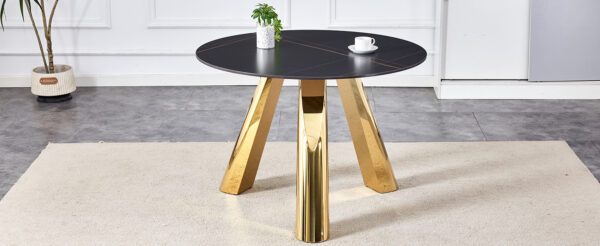 30c7a4ead3364eac8db3b68248bba93c_e1aba047c35e424cd53ec3ab9f1745ff The 42-inch stainless steel gold-plated flamed granite round table with seating for 4 or 6 people is perfect for dining, entertaining, or as a conference table