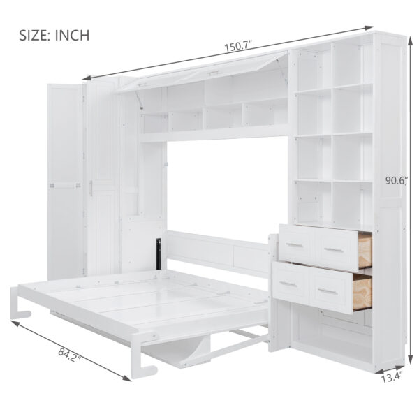 Queen Size Murphy Bed Wall Bed with Closet , Drawers and Shelves, White