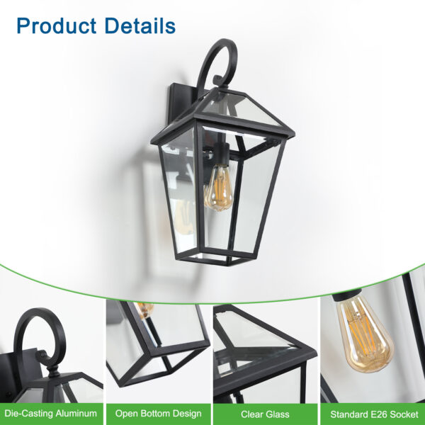 31a78c079f7843b990c842c1dbed66ba_20230809_ba4f142a94f0ff844f05746e56bdbe58 21"(H) 2-Pack Outdoor Wall Lantern Light – Modern Black Metal & Clear Glass Sconce for Porch, Patio, and Garden Lighting (Bulb Not Included)