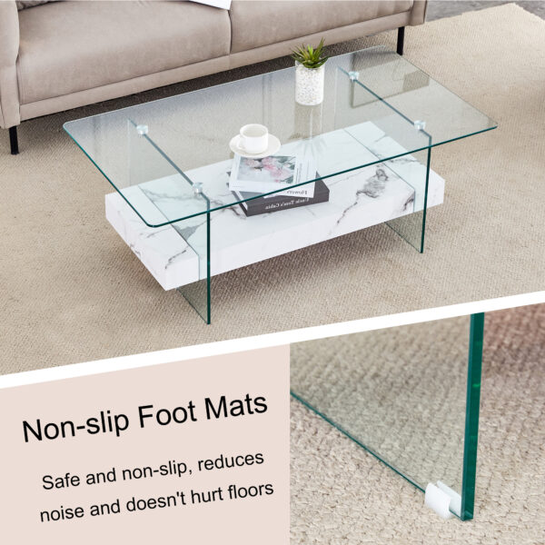 31b576a93b91435fb6153775caec1b61_22cc20601c67c9e89b37ab77891c115f 43.3 Inch Modern Two-Tier Coffee Table - An Elegant Combination of Clear Glass and White Marble Pattern.It can be used not only as a coffee table but also as a side table or display stand.