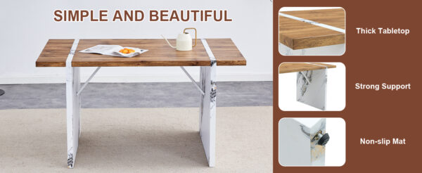 31df3fba63484e4c82f484731299b3d9_2c091909a08e4e549b3bdd203ce664a4 Natural Wood Grain MDF Dining Table - 55"x31.5" Stable Design.Suitable For Various Modern Home Decor Styles.Splicing structure design,Wood Textured Desktop,White Marble Patterned Table Legs.