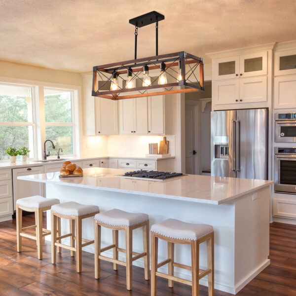 (Same as W1340P155968/L1011-RW) 32" Red Wood Industrial Farmhouse Rectangle Pendant Light, 5-Light Chandelier for Dining Room, Kitchen Island, Cafe Decor (No Bulbs)