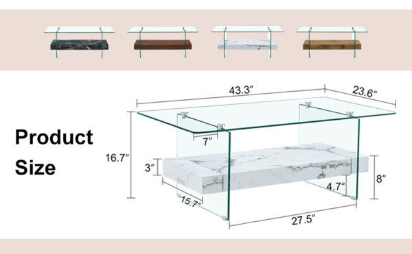 328f7d813f874d488e9f5a09a4b1cd8b_4bb6e7b55a4c0785d59323a6b1e95387 43.3 Inch Modern Two-Tier Coffee Table - An Elegant Combination of Clear Glass and White Marble Pattern.It can be used not only as a coffee table but also as a side table or display stand.