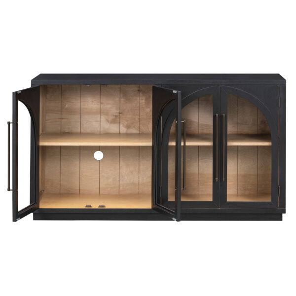 TREXM 4-Door Large Storage Sideboard Buffet Cabinet with Glass Doors, Arched Cabinet with Adjustable Shelves for Kitchen, Dining Room and Living Room (Black)