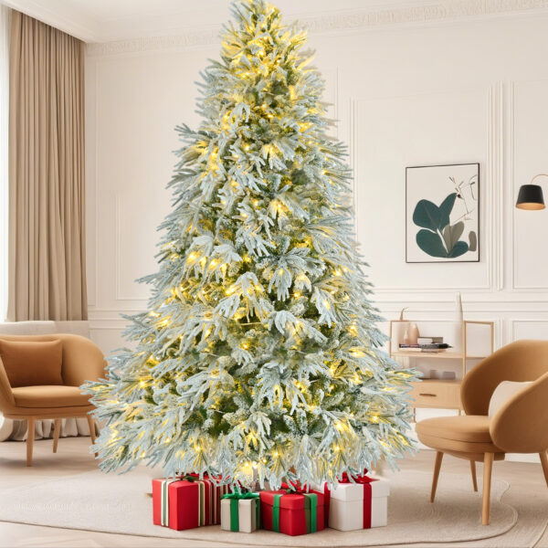 331b8324255749d4bf103fe4f54940dd_a1c4b76ab5f3c994d120f3197f1bd4ba 7.5FT Pre-Lit Spruce Snow Flocked Christmas Tree, Artificial Hinged Xmas Tree with 350 Multi-Color LED Lights, 8 Flashing Modes &1389 Snow Branch Tips, Holiday Office Home Décor