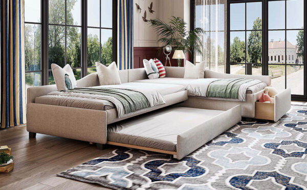 Upholstered Double Twin Size Daybed with Trundle and Drawer, Beige(Expected Arrival Time: 6.27)