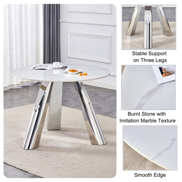 336964373ba544c7ad493c4c532892c1_528b3e8808068045e51e234e51588062 A 42-inch stainless steel leg round table with a marble top is suitable for use by four or six people
