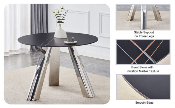 342486a923214292a7e79b3c09e63ce4_7ea447bfac5106c25d10a88dafd30ca6 A 42-inch burn stone round table with stainless steel legs can accommodate 4 or 6 diners