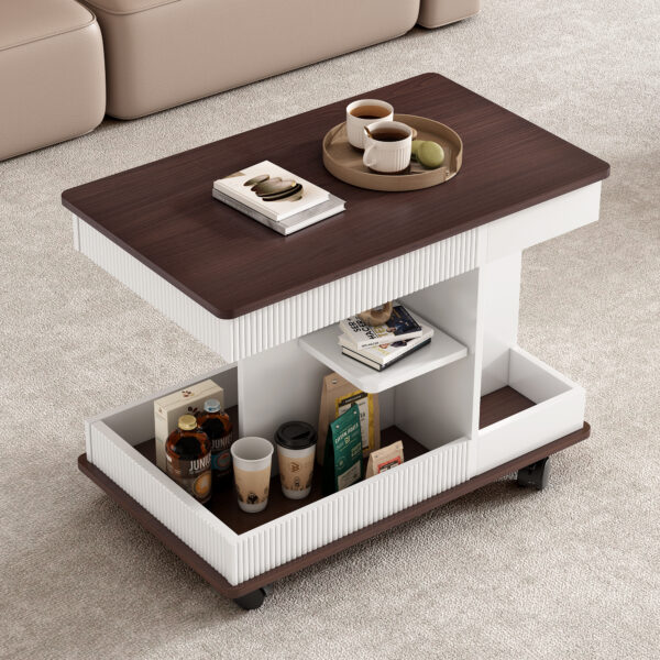 U-Can Adjustable End Table with Wheels, Modern Multifunctional Sofa Side Table with Lift-Top, 360°Rotating Top and Storage Space for Living Room, Small Space