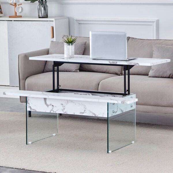 345c745c20cc42d6b9298ac6669b89ac_85159a1189ca036132de217489221ec0 Multifunctional Lift Top Coffee Table -White Marble Pattern, Essential for Modern Homes.Tempered Glass Legs,Multiple Color Options,Lift Top Feature.Perfectly Fitting Into Both Living Rooms And Office.