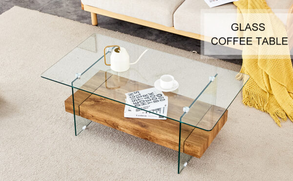 358f4b1c0d864d7c8fa6ae96a7631b98_8846793ac84876a45b74892dd20b76a9 43.3 Inch Modern Two-Tier Coffee Table - An Elegant Combination of Clear Glass and Light Wood Texture Sticker.It can be used not only as a coffee table but also as a side table or display stand.