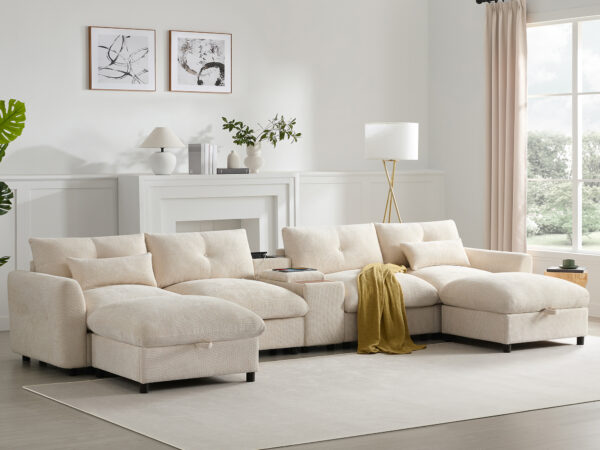 142'' Modular Sectional Sofa with Movable Storage Ottoman and Console,Cup Holder,Wide Seat,6 Seat U Shaped Couch,Oversized Chenille Sofa with USB Charger for Living Room,Apartment,2 Colors