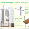 70" Industrial Coat Rack, Solid Wood & Silver Stainless Steel Clothing Rack, Double Layer Hanger for Coats, Hats, Bags, Shoes, Vintage Wood Grain (34.6" Wide)