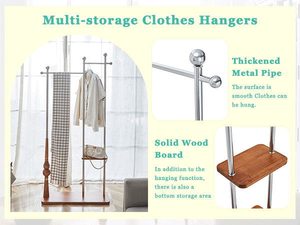 70" Industrial Coat Rack, Solid Wood & Silver Stainless Steel Clothing Rack, Double Layer Hanger for Coats, Hats, Bags, Shoes, Vintage Wood Grain (34.6" Wide)