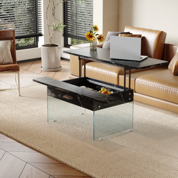 3730b6ec6dbb43ffb2379503fd2a2076_7fa88eb2f045f815191f8dfa2c75dda9 Multifunctional Lift Top Coffee Table -Black Marble Pattern, Essential for Modern Homes.Tempered Glass Legs,Multiple Color Options,Lift Top Feature.Perfectly Fitting Into Both Living Rooms And Office.