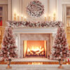 GO 4-Pieces Set Artificial Christmas Tree, Brown Needles with flocking, with Warm Lights, pine cones and berries, Artificial Tree for door and fireplace