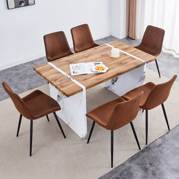 385be3df2b9e4e79b7a9c38072bccc1a_cb95f4c5c53b0735f71a9d57f22bea1c Natural Wood Grain MDF Dining Table - 55"x31.5" Stable Design.Suitable For Various Modern Home Decor Styles.Splicing structure design,Wood Textured Desktop,White Marble Patterned Table Legs.