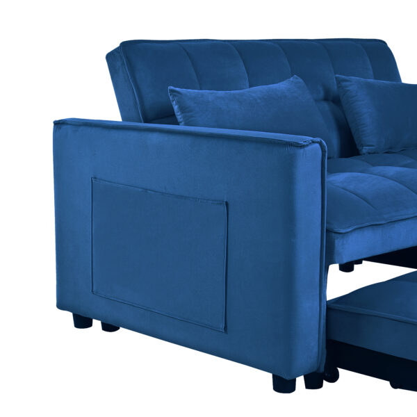 3 in 1 Convertible Sleeper Sofa Bed, Modern Pull Out Couch Bed, Adjustable Backrest, Velvet Loveseat Futon Sofa with Pillows & Pockets for Living Room Apartment, Blue