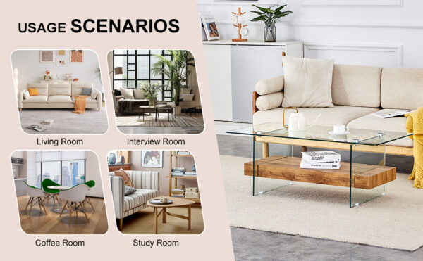 391d245fdfa641019ea6810fcee4cd12_c0aaf36caffe1d41f36dd884c69c3cdf 43.3 Inch Modern Two-Tier Coffee Table - An Elegant Combination of Clear Glass and Light Wood Texture Sticker.It can be used not only as a coffee table but also as a side table or display stand.