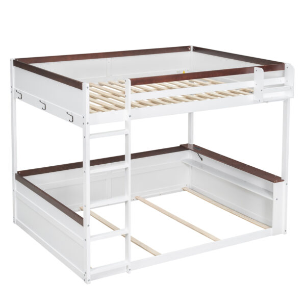 Queen Size Wooden Bunk Bed with Built-in Shelves,Storage Box,LED Light and USB Charging Station,White(ETA:6/30)