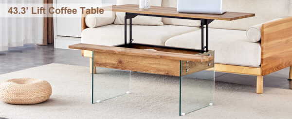 3a8ba3509af3494986780c1a9c8281e4_f2d264c091744866f05bcee80eb7370a Multifunctional Lift Top Coffee Table -Light Wood Color Grain Sticker, Essential for Modern Homes.Tempered Glass Legs,Lift Top Feature.Perfectly Fitting Into Living Rooms And Office.