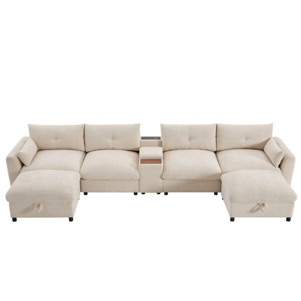 142'' Modular Sectional Sofa with Movable Storage Ottoman and Console,Cup Holder,Wide Seat,6 Seat U Shaped Couch,Oversized Chenille Sofa with USB Charger for Living Room,Apartment,2 Colors