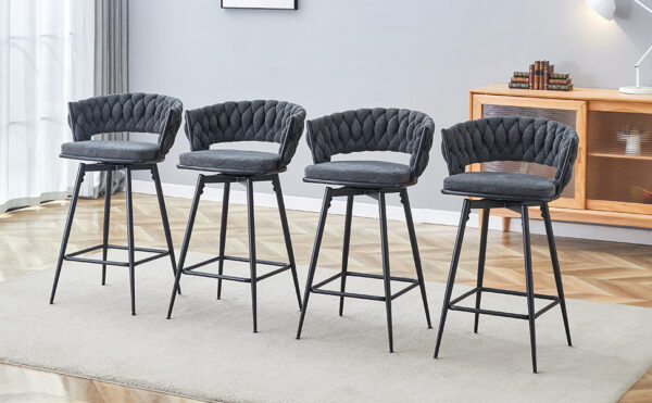 3b0e4dbc2a4540138b8ae587a8b64a39_f0dc2b6977b217a65b15b237cd84e75b Two sets of rotating high-legged stools with breathable cotton and linen cushions, Dark gray seats paired with black spray-painted iron frames, suitable for both restaurants and bars