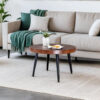 Modern Round Coffee Table - Annular Texture, Durable and Robust With a Diameter of 23.6 inches.Exquisite Suction Molding Process,Walnut Color Pattern Design,Black Sprayed Metal Leg.
