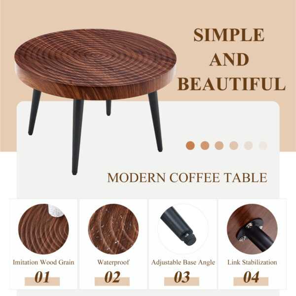 3c14e110c78346279a6263be98a1ecbc_8c0a67ae4e314c5c2a228c83a1e9c87b Modern Round Coffee Table - Annular Texture, Durable and Robust With a Diameter of 23.6 inches.Exquisite Suction Molding Process,Walnut Color Pattern Design,Black Sprayed Metal Leg.