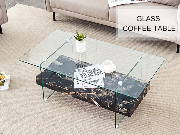 3cbaace49558432c94380c9ca37f86ed_ca6e01e031461403971b3c11a108a20c 43.3 Inch Modern Two-Tier Coffee Table - An Elegant Combination of Clear Glass and Black Marble Pattern.It can be used not only as a coffee table but also as a side table or display stand.