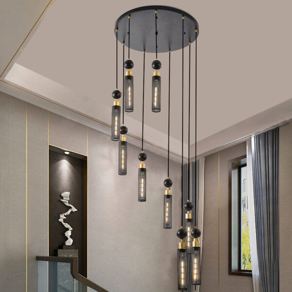 24" Modern Industrial Multi-Light Pendant Chandelier - 9-Light Black and Gold Adjustable Ceiling Light Fixture with Mesh Cylinder Shades for Living Room, Dining Room, or Staircase (Bulb Not Included)