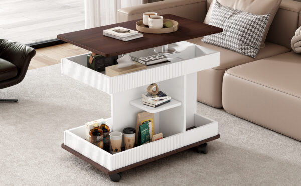 U-Can Adjustable End Table with Wheels, Modern Multifunctional Sofa Side Table with Lift-Top, 360°Rotating Top and Storage Space for Living Room, Small Space