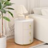 Upholstered Nightstand with 3 Drawers, Round Bedside Table with Metal Handles,Marbling Stickers Top Night Table for Bedroom, Fully Assembled Except Handles, Beige