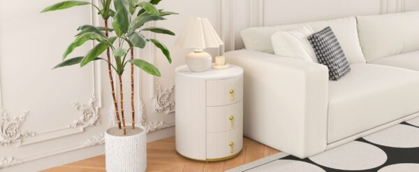 Upholstered Nightstand with 3 Drawers, Round Bedside Table with Metal Handles,Marbling Stickers Top Night Table for Bedroom, Fully Assembled Except Handles, Beige