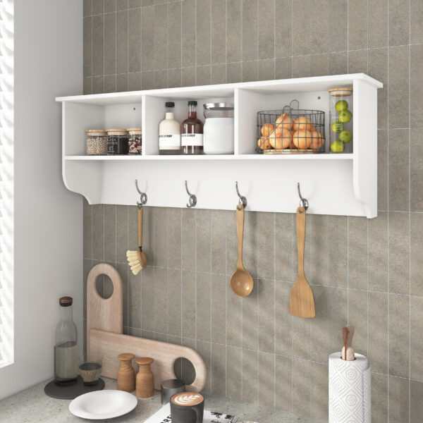 3dd62f616c6a44ab858784c83bdd62e0_c640c30a460740f6de41839161b2ea18 White Entryway Wall Mounted Coat Rack with 4 Dual Hooks Living Room Wooden Storage Shelf