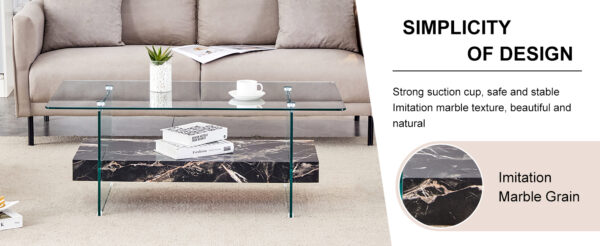 3e73287b3e694af1b2ffd92b9ce55921_5c88872ccf86448d35e5569fed0439c7 43.3 Inch Modern Two-Tier Coffee Table - An Elegant Combination of Clear Glass and Black Marble Pattern.It can be used not only as a coffee table but also as a side table or display stand.