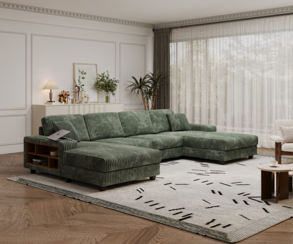 Convertible U-shaped Combination Sofa, Corduroy Fabric, Modern Comfortable Large Size 4 Seat Sofa, Living Room Double Lounge Chair ,Green